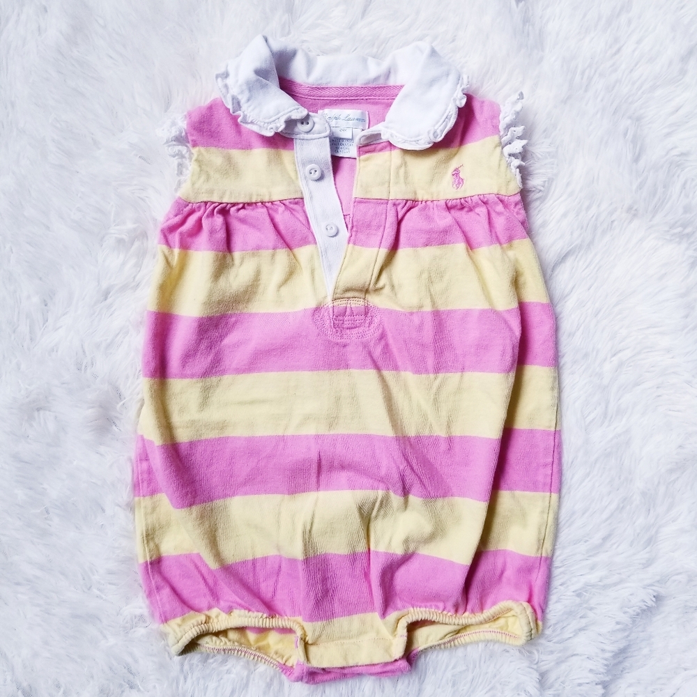 Ralph Lauren Yellow & Pink Striped Cotton Ruffle Back Bubble Romper